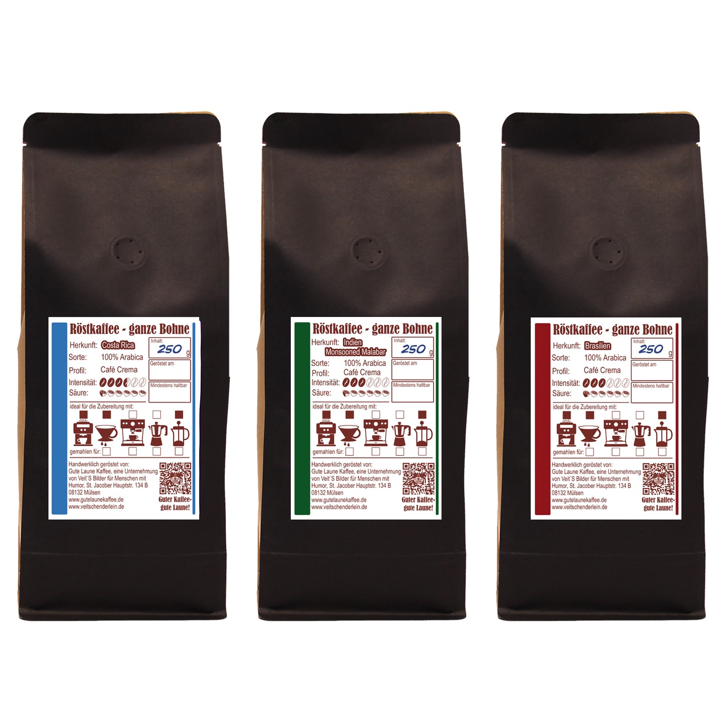 Gute Laune Kaffee-Handtasche 3x250g Café Crema Weihnachtsedition Weihnachts-Zauber