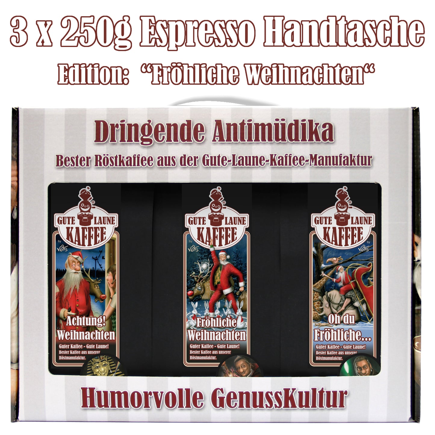 Kaffee Handtasche 3x250g feinster Espresso Weihnachts-Edition Fröhliche Weihnachten