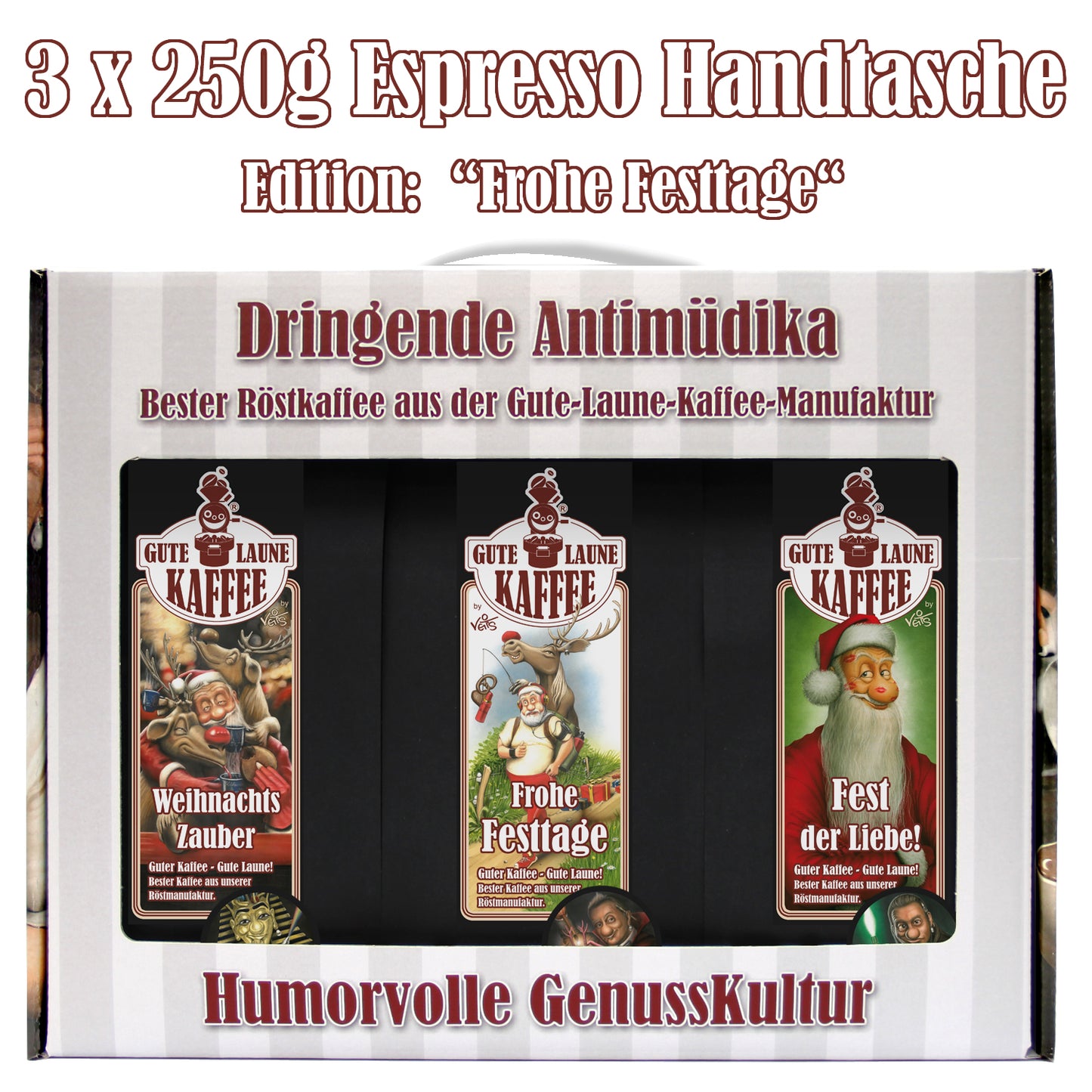 Kaffee Handtasche 3x250g feinster Espresso Weihnachts-Edition Frohe Festtage