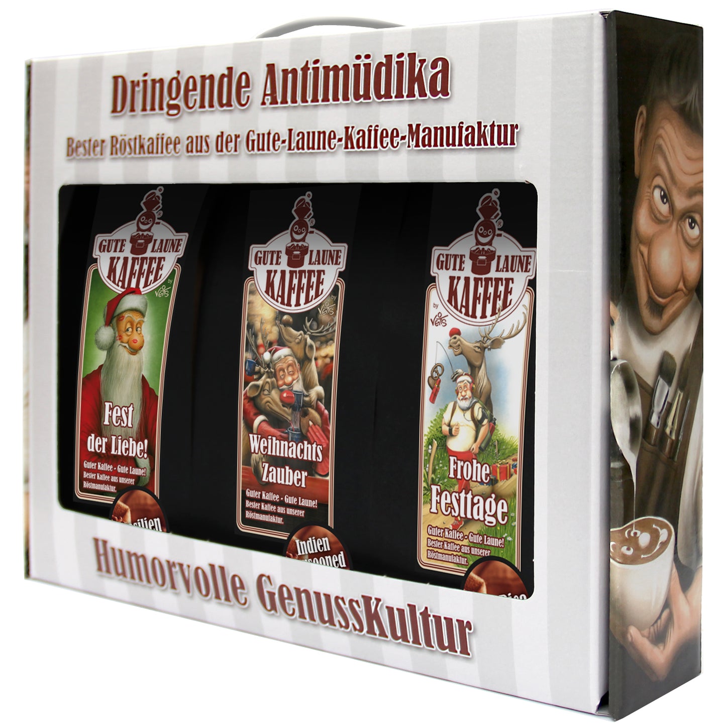 Gute Laune Kaffee-Handtasche 3x250g Café Crema Weihnachtsedition Weihnachts-Zauber