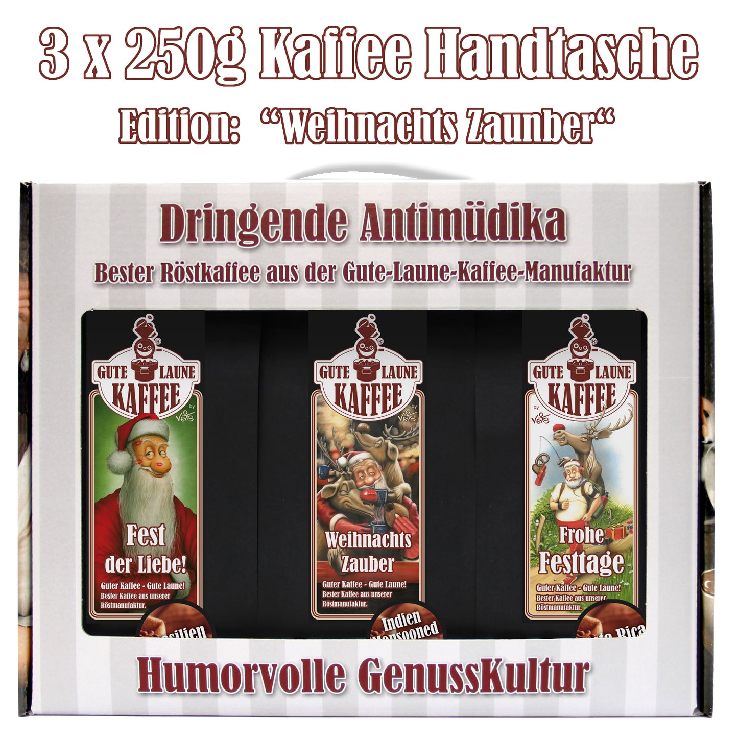 Gute Laune Kaffee-Handtasche 3x250g Café Crema Weihnachtsedition Weihnachts-Zauber