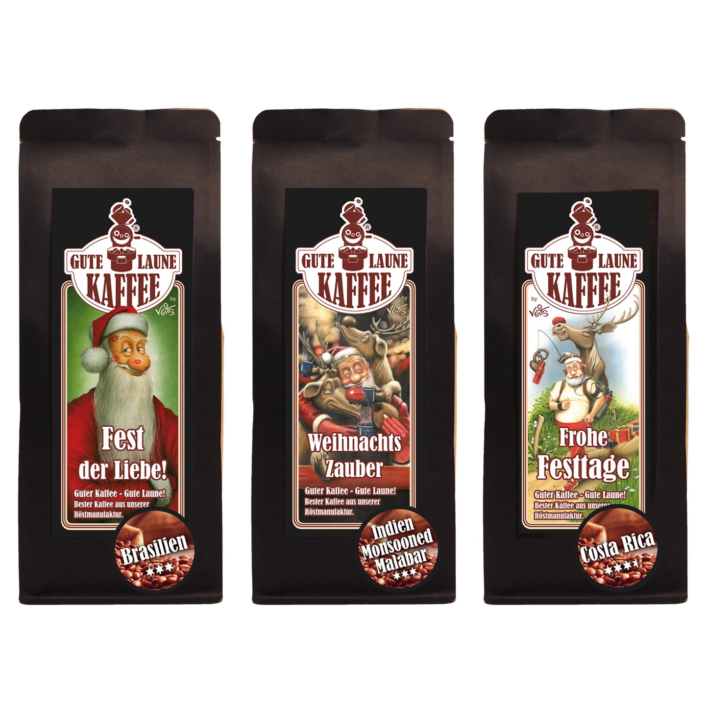 Gute Laune Kaffee-Handtasche 3x250g Café Crema Weihnachtsedition Weihnachts-Zauber