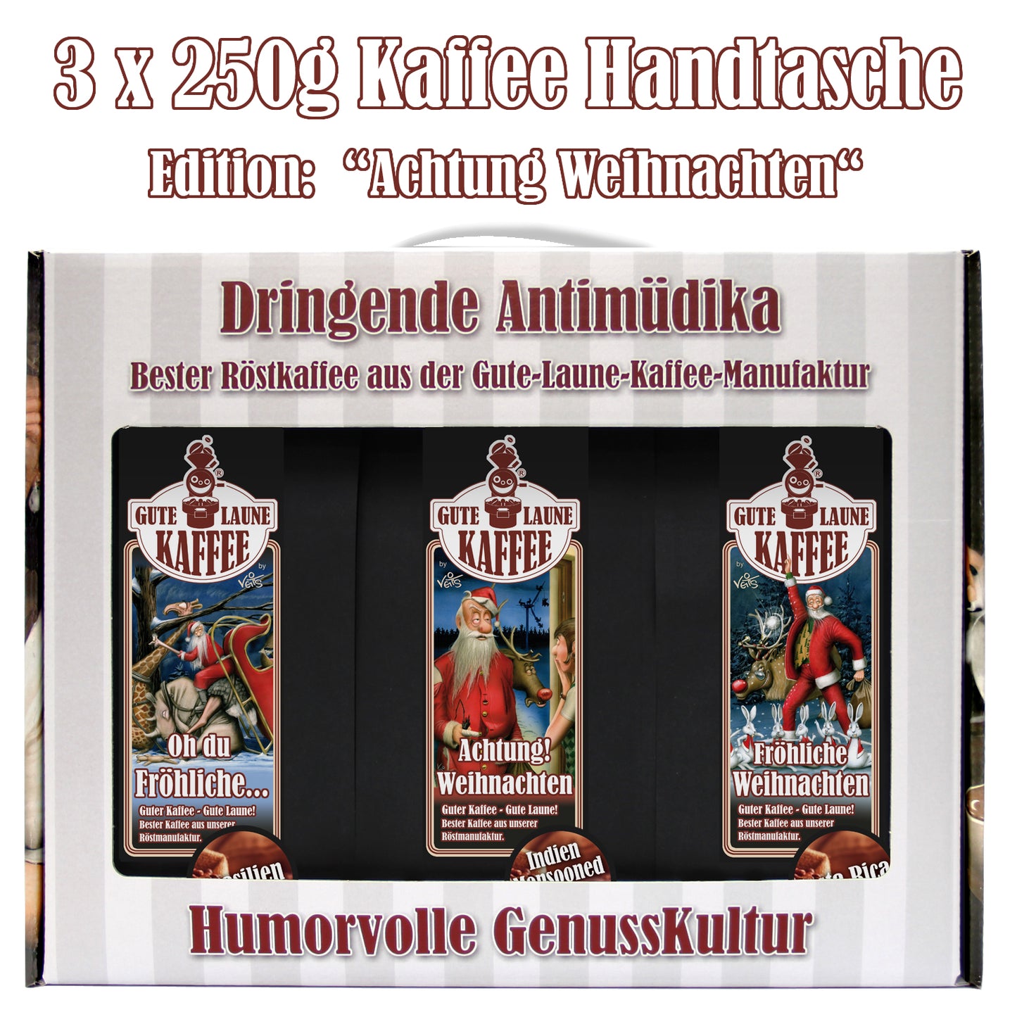 Gute Laune Kaffee-Handtasche 3x250g Café Crema Weihnachtsedition Achtung Weihnachten