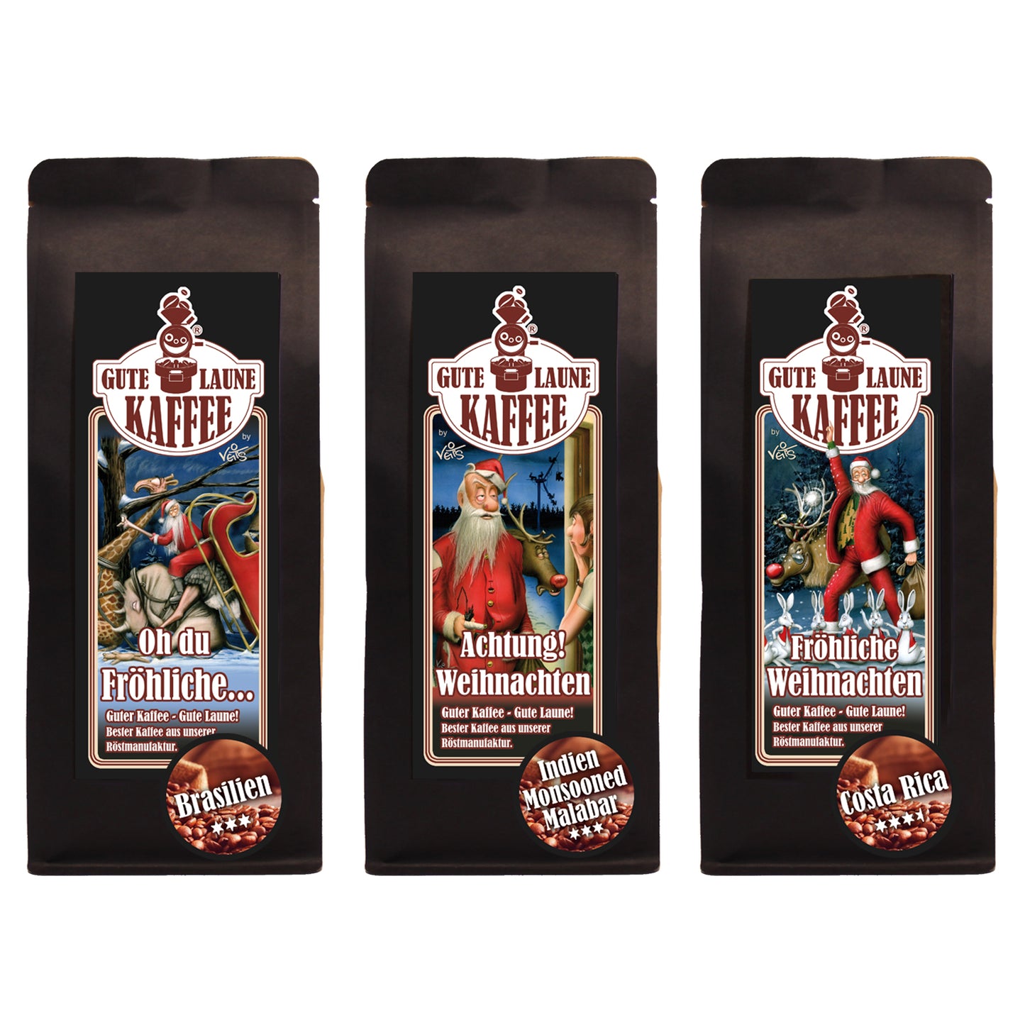 Gute Laune Kaffee-Handtasche 3x250g Café Crema Weihnachtsedition Achtung Weihnachten