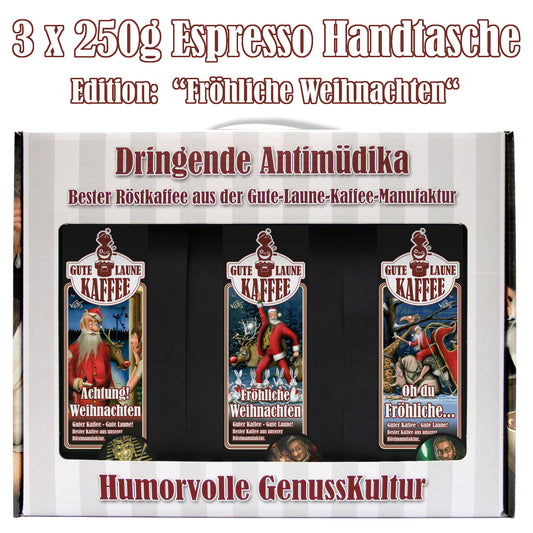 Kaffee Handtasche 3x250g feinster Espresso Weihnachts-Edition Fröhliche Weihnachten