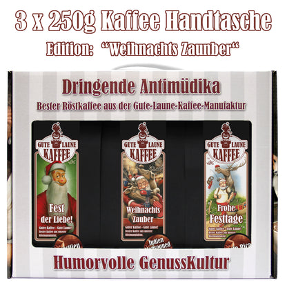 Gute Laune Kaffee-Handtasche 3x250g Café Crema Weihnachtsedition Weihnachts-Zauber