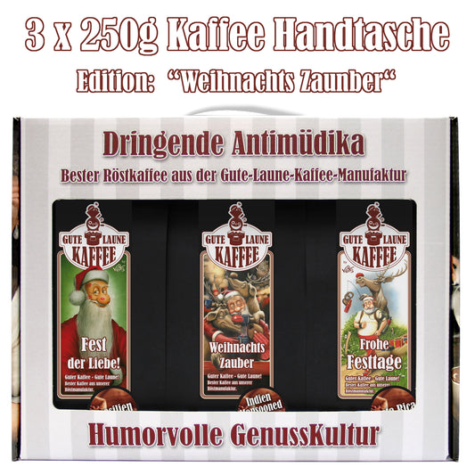 Gute Laune Kaffee-Handtasche 3x250g Café Crema Weihnachtsedition Weihnachts-Zauber