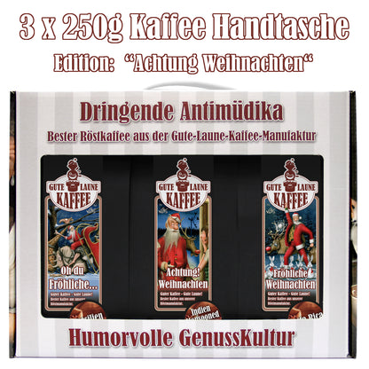 Gute Laune Kaffee-Handtasche 3x250g Café Crema Weihnachtsedition Achtung Weihnachten