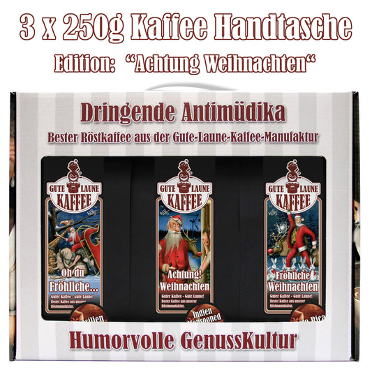 Gute Laune Kaffee-Handtasche 3x250g Café Crema Weihnachtsedition Achtung Weihnachten