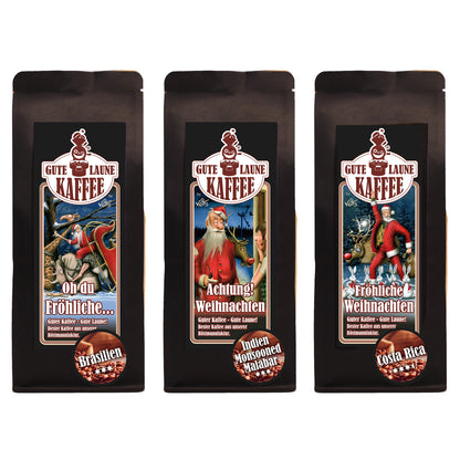 Gute Laune Kaffee-Handtasche 3x250g Café Crema Weihnachtsedition Achtung Weihnachten