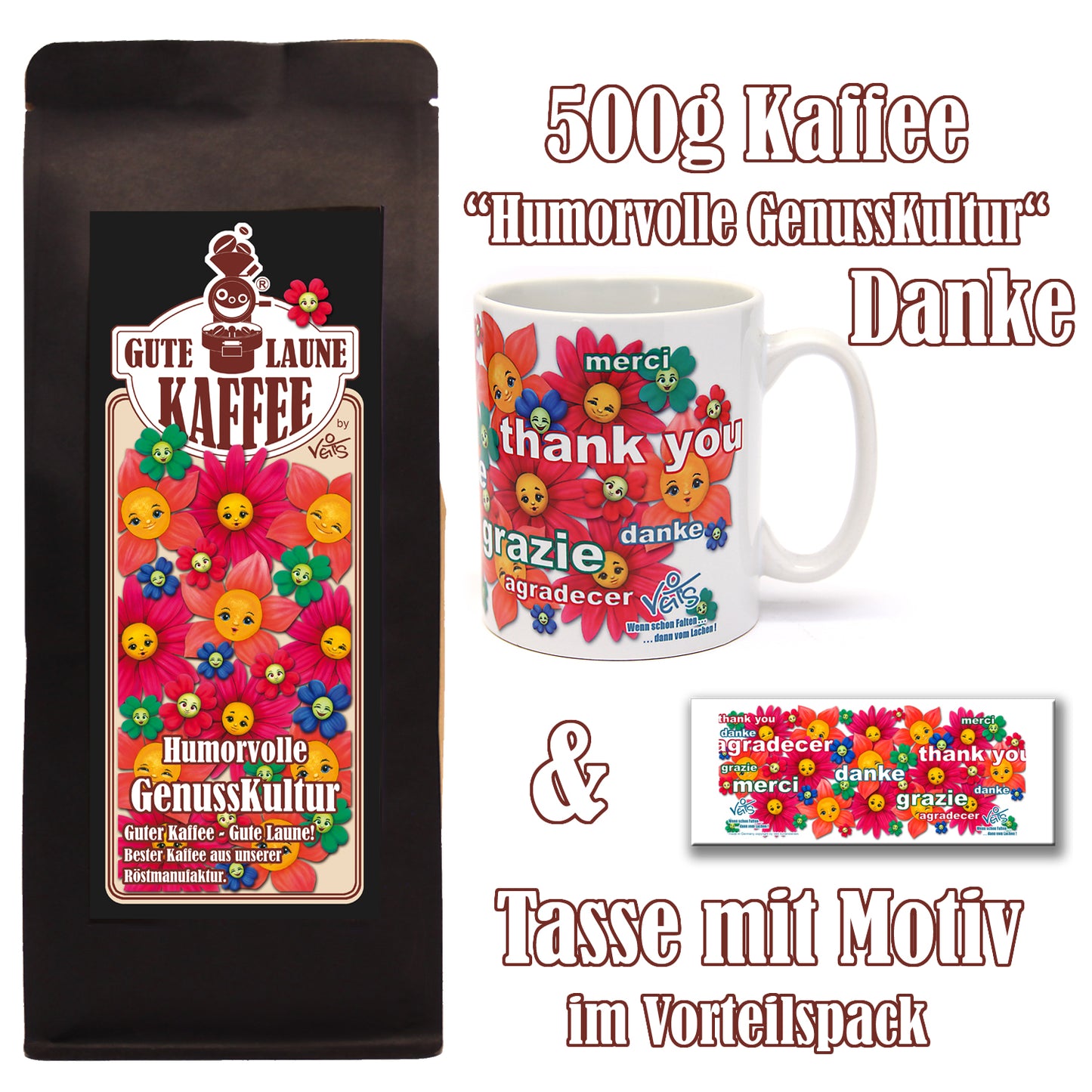 GenussKultur Sparpaket 500g Kaffee und Original Veit`S - Tasse lustige Dankeschön Blumen