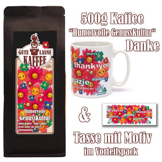 GenussKultur Sparpaket 500g Kaffee und Original Veit`S - Tasse lustige Dankeschön Blumen