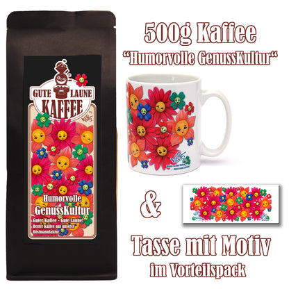 GenussKultur Sparpaket 500g Kaffee und Original Veit`S - Tasse lustige Blumen