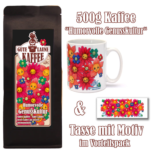 GenussKultur Sparpaket 500g Kaffee und Original Veit`S - Tasse lustige Blumen