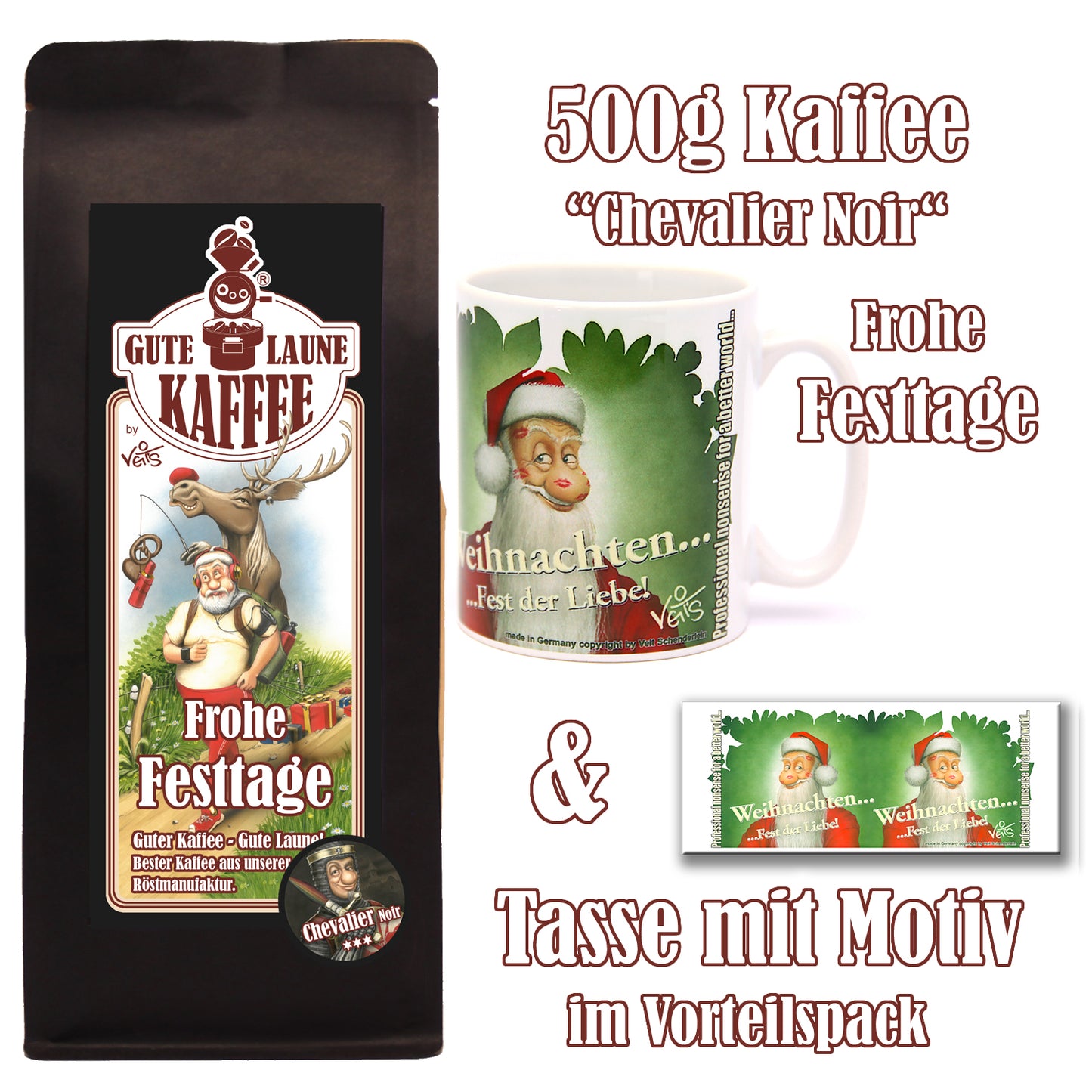 Frohe Festtage Sparpaket 500g Röstkaffee und Original Veit`S - Weihnachtstasse