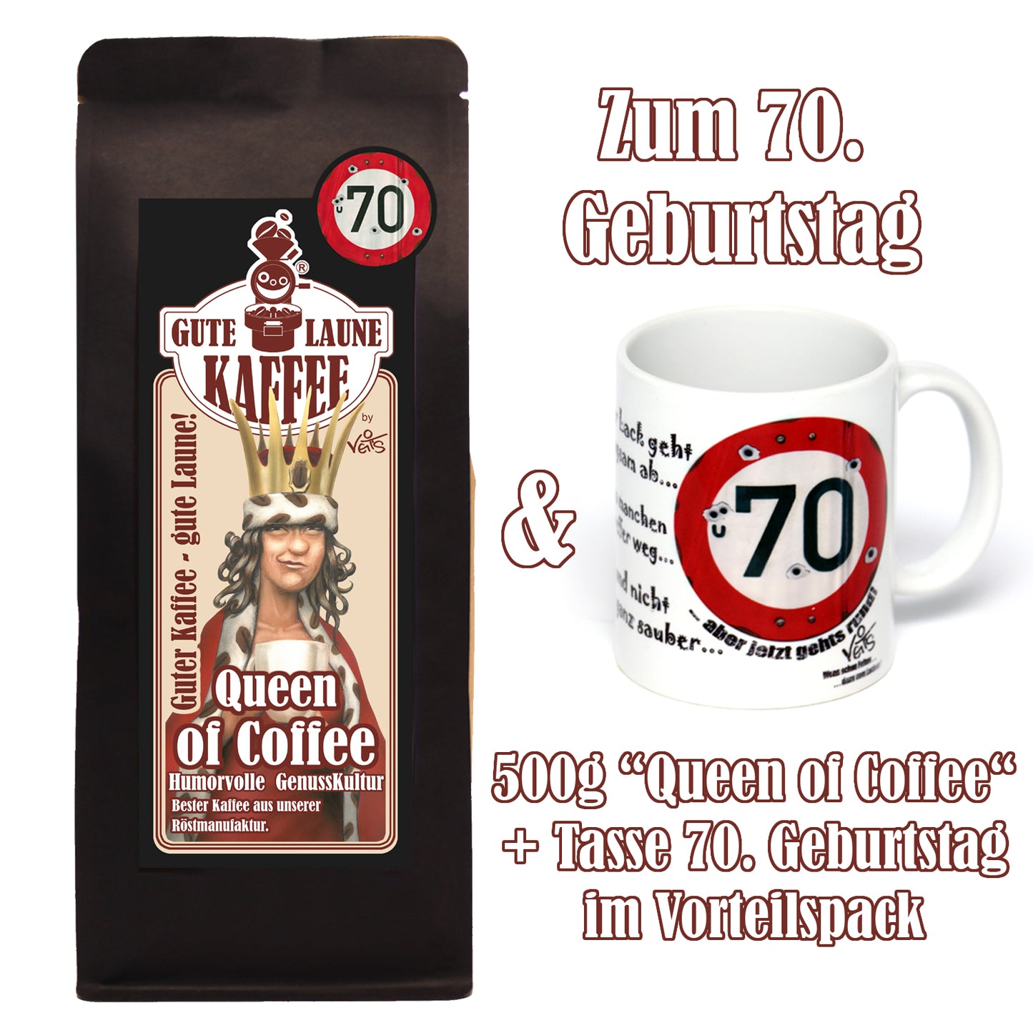 70. Geburtstag, für Sie, Sparpaket 500g Kaffee und Original Veit`S - Tasse