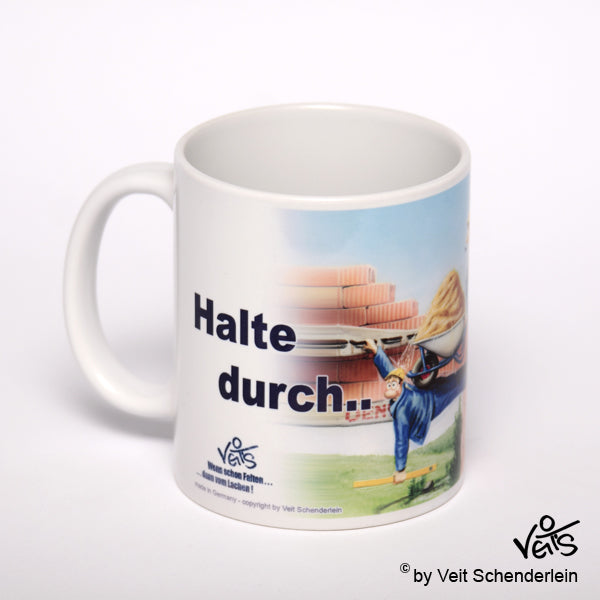 Tassen, Kaffeebecher, Kaffeetassen, Veit`S Gute Laune Tassen, Bau, Halte durch bald ist Freitag!